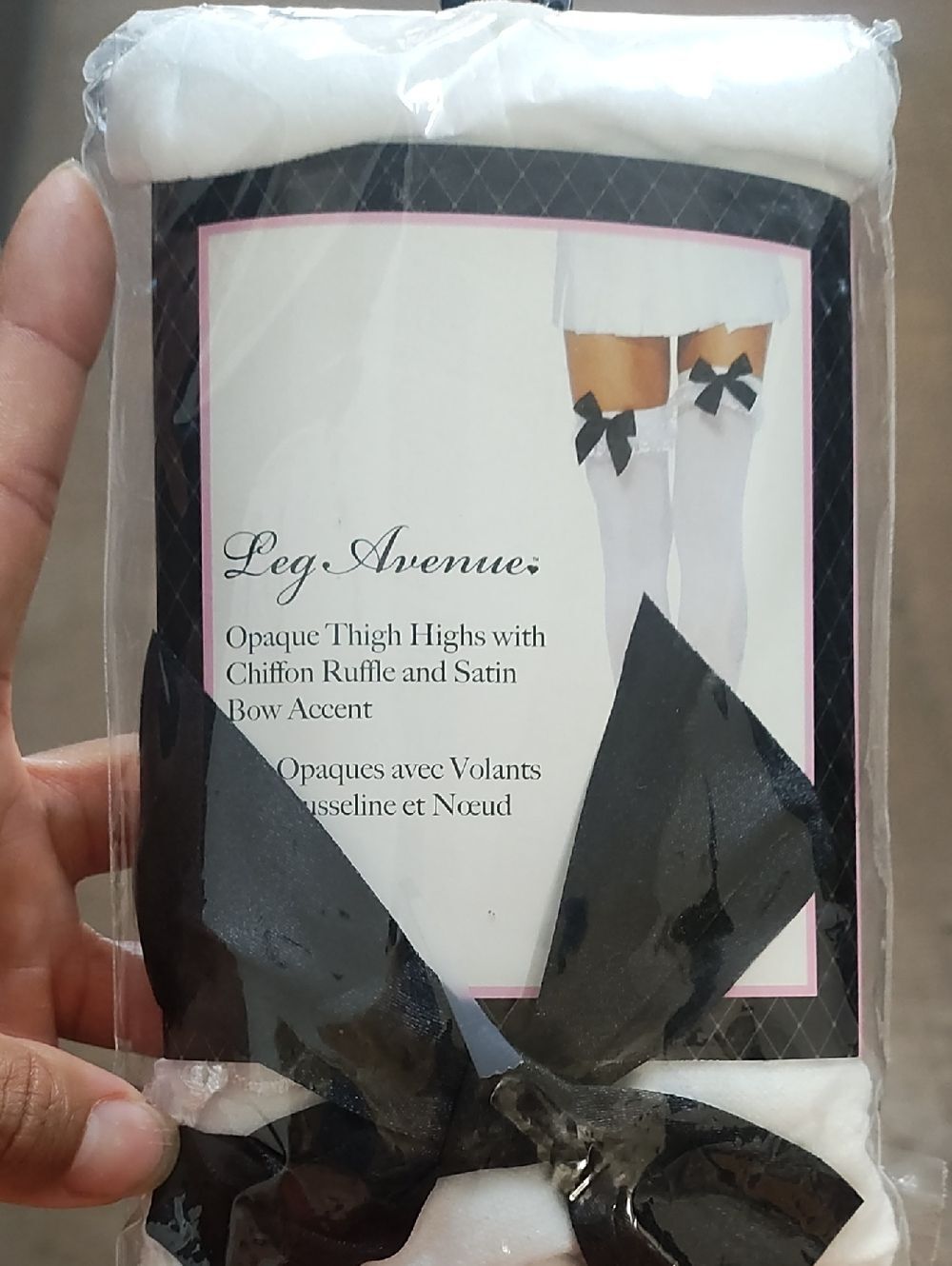 Leg Avenue White Thigh Highs with Black Satin Bow Trim